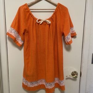 VTG 60s Terrycloth Towel Bath Robe Swim Cover Up Orange Mod Dress Beachy Lace